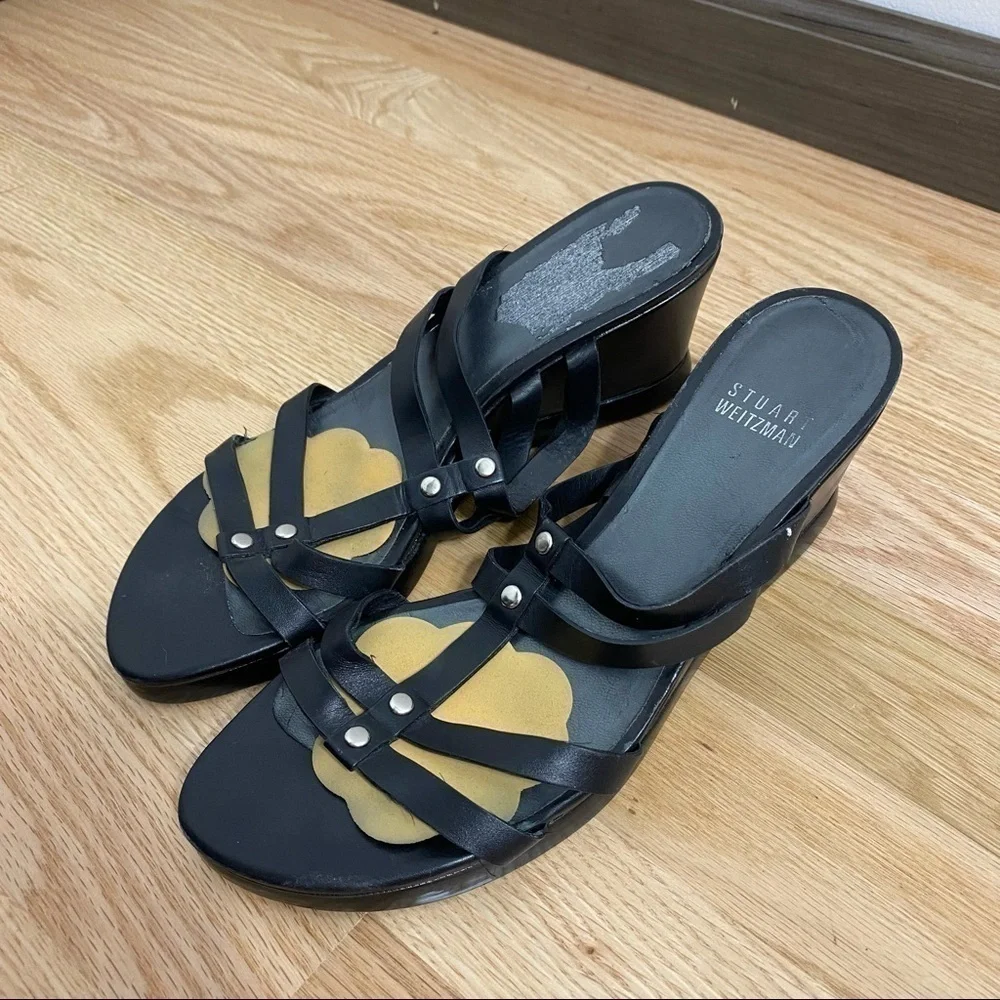 Stuart Weitzman Leather Black Wedge Heels Sz 7 - Picture 2 of 9